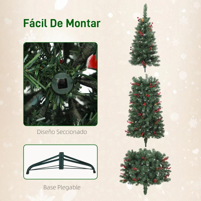 HOMCOM Árbol de Navidad Artificial Estrecho 180 cm con Luces LED 7 Modos de Iluminación 461 Ramas Piñas Bayas y Soporte Verde