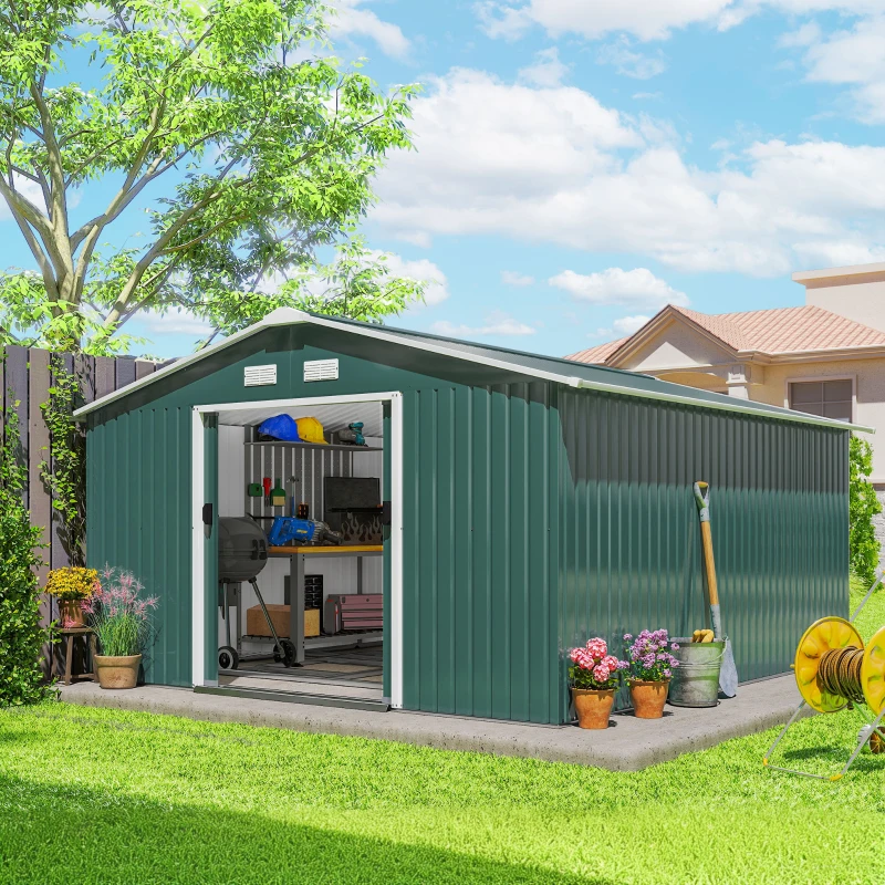 Outsunny Tuinschuur, Weerbestendig Tuinhuis voor Tuingereedschap, met Ventilatieramen, Schuifdeuren, Staal, Donkergroen(m-12)