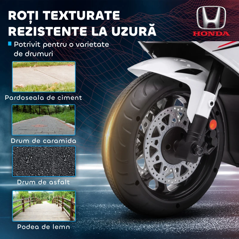 HOMCOM Motocicletă Electrică pentru Copii cu Baterie Reîncărcabilă de 6V, Viteză 3 km/h și Muzică, 90x44x52 cm, Alb(m-4)