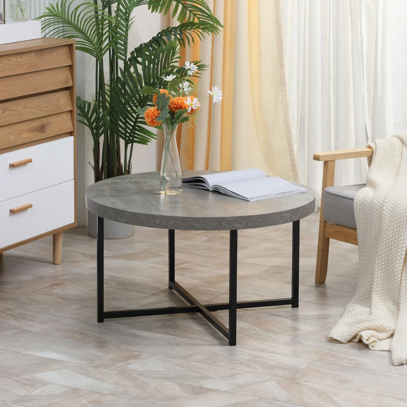 HOMCOM Mesa de Centro Redonda de Efeito Betão Encerado em Madeira e Metal Ø 80x45 cm Estrutura Cruzada