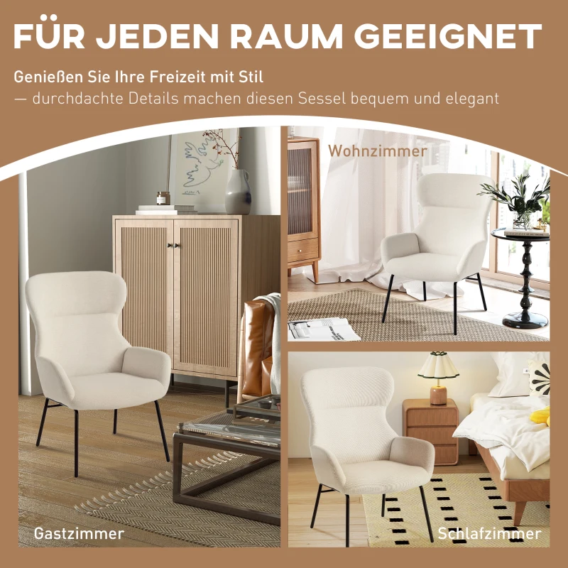 HOMCOM Moderner Polsterstuhl im Ohrenbacken-Stil, hohe Rückenlehne, dicke Polsterung, Stahlbeine, Cremeweiß