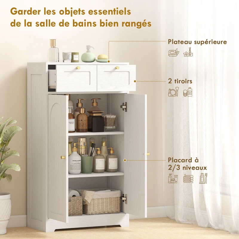 HOMCOM Meuble de salle de bain meuble de rangement avec 2 tiroirs double porte arquée étagères réglables 60x30x108cm blanc