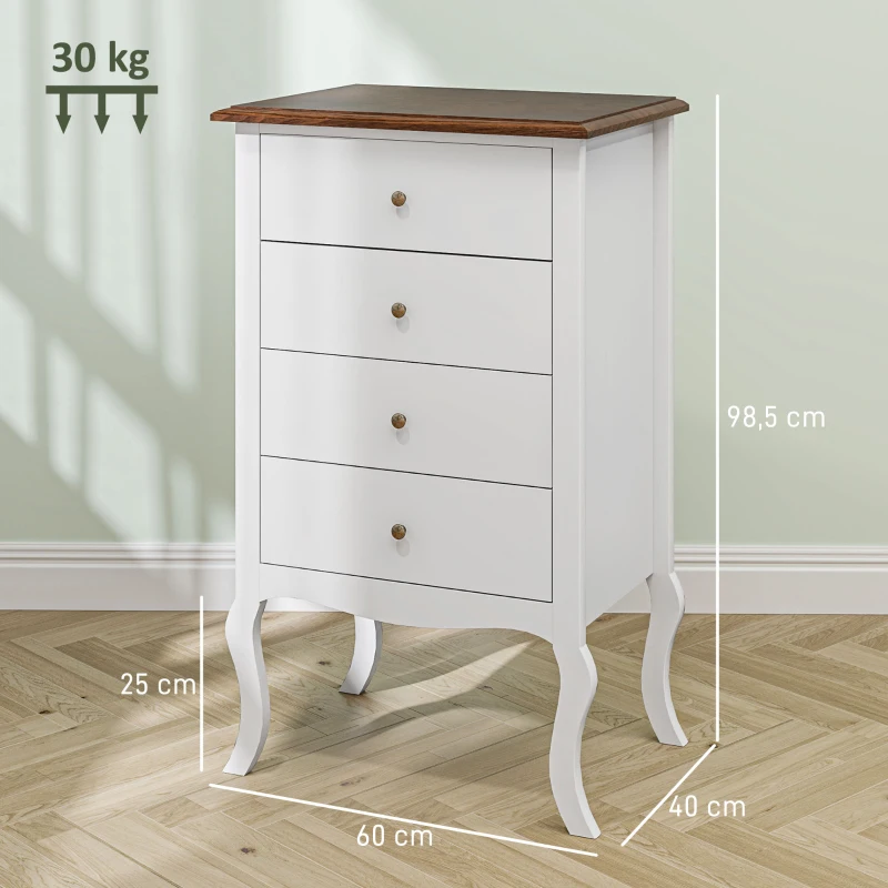 HOMCOM Cămin de Dormitor cu 4 Sertare Design Anti-răsturnare Coteț pentru Sufragerie Hol 60x40x98,5 cm Alb și Stejar