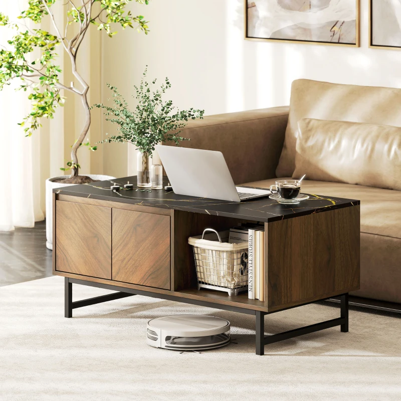 HOMCOM Tavolino salotto con piano effetto marmo, 2 ante e 2 nicchie aperte, 100 x 50,8 x 45,7 cm, Noce