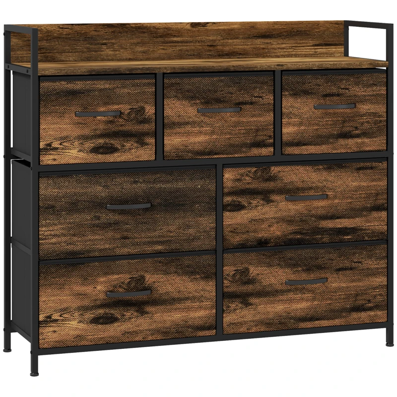 HOMCOM Dulap de Depozitare, Comodă cu 7 Sertare din Material Textil, Design Industrial, Structură din Oțel, 98x29x85cm, Maro/Negru