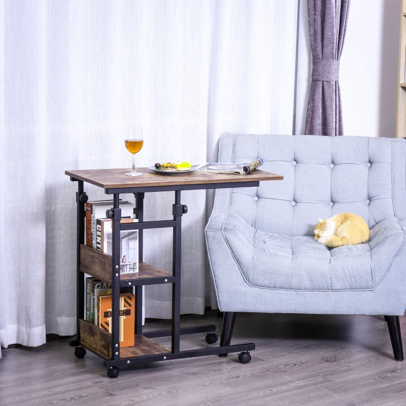 HOMCOM Masă auxiliară cu role, reglabilă pe înălțime, compactă, 2 rafturi, cadru metalic, 80x40x72-82 cm, Maro/Negru