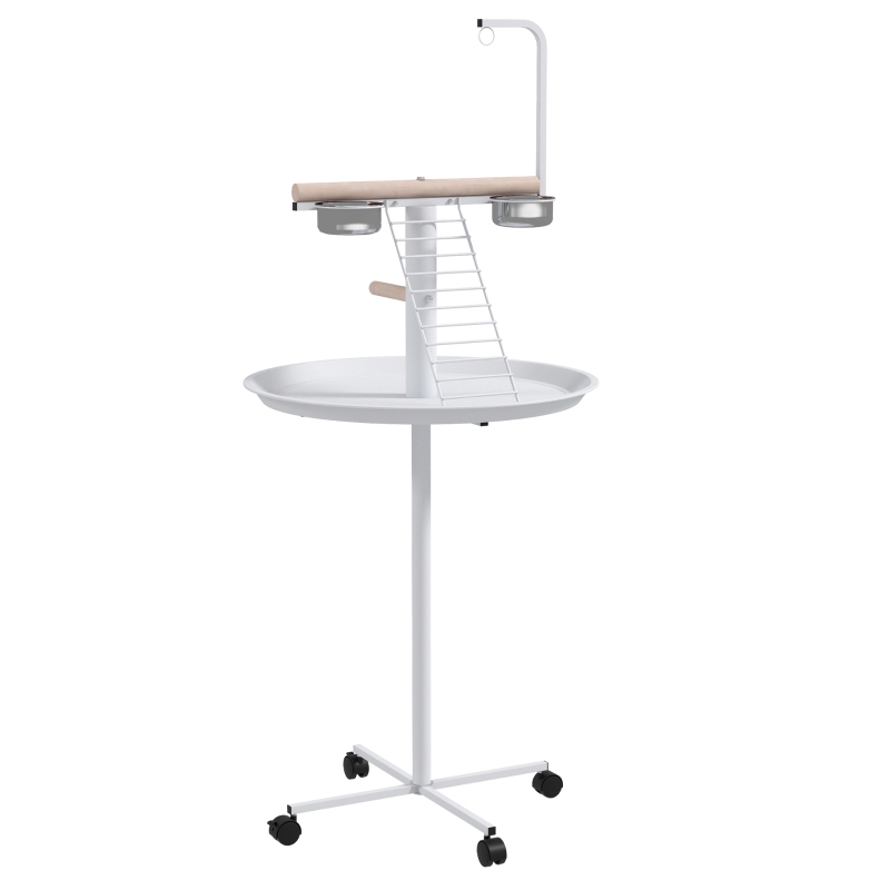 PawHut Manoniera pentru păsări pe suport cu 4 role perche 2 bols detasabile tava rotundă Ø 60 x 138A cm alb