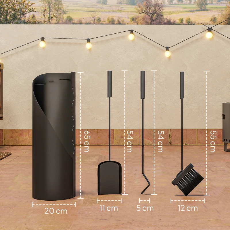 Outsunny Conjunto de herramientas de chimenea 4 piezas con escoba, pala, atizador y soporte, en metal 20 x 20 x 65 cm, negro