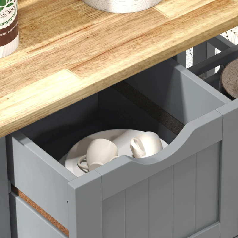 HOMCOM Carucior Auxiliar cu Roti Carucior de Bucatarie cu 3 Sertare 2 Rafturi Deschise si Tava Detasabila 67x37x85,5 cm Gri