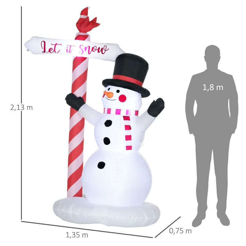 HOMCOM Boneco de Neve Insuflável com Placa 3 LED Poliéster Impermeável Altura 213 cm Branco