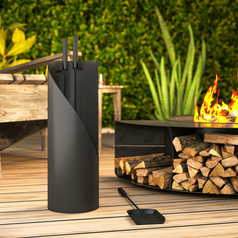 Outsunny Conjunto de herramientas de chimenea 4 piezas con escoba, pala, atizador y soporte, en metal 20 x 20 x 65 cm, negro