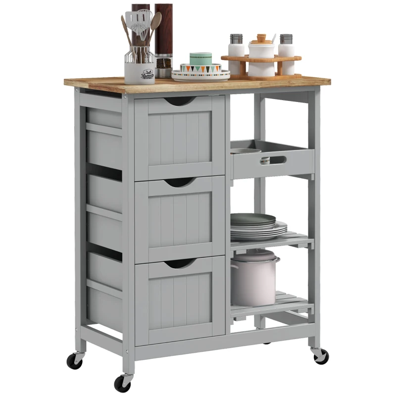HOMCOM Carucior Auxiliar cu Roti Carucior de Bucatarie cu 3 Sertare 2 Rafturi Deschise si Tava Detasabila 67x37x85,5 cm Gri
