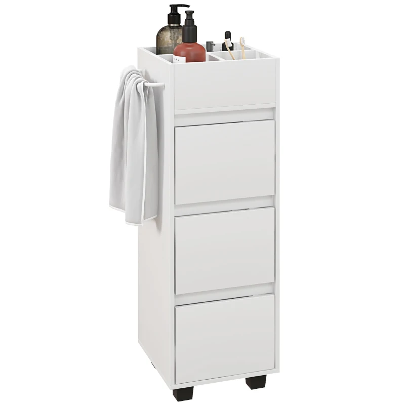 HOMCOM Mobilier de depozitare pentru baie cu 4 compartimente, 3 sertare și suport pentru prosoape, dim. 35 x 30 x 90 cm, alb