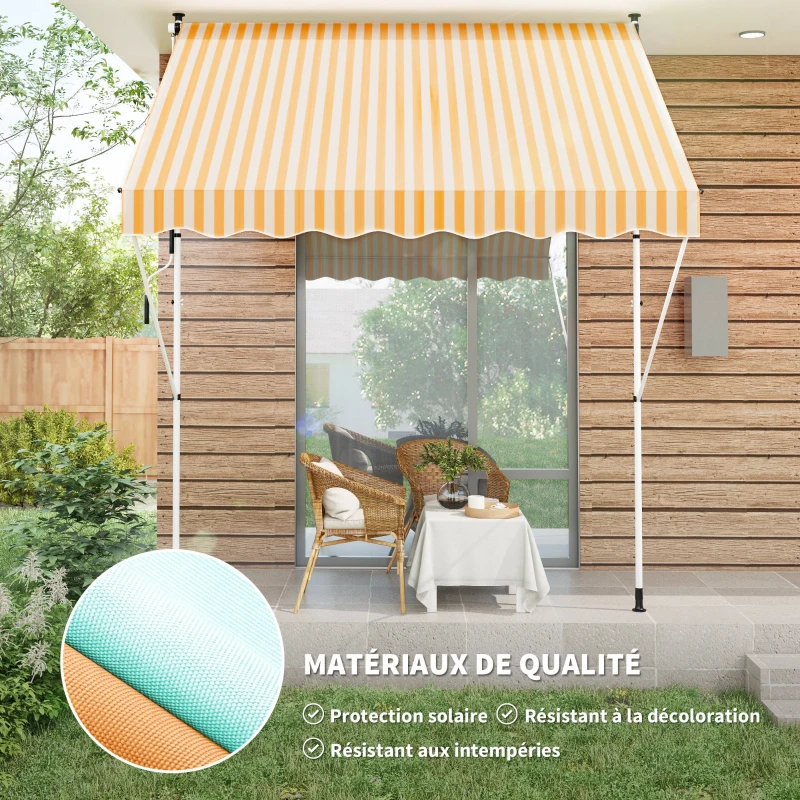 Outsunny Store banne Manuel rétractable 3L x 1,5l m Auvent Téléscopique sans Perçage Inclinaison et Hauteur réglable Installation Rapide métal alu Polyester Anti-UV orange blanc rayé