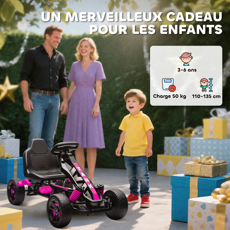 AIYAPLAY Kart cu pedale pentru copii, karting copii 3-6 ani cu ambreiaj automat, frână, roți EVA antiderapante, roz