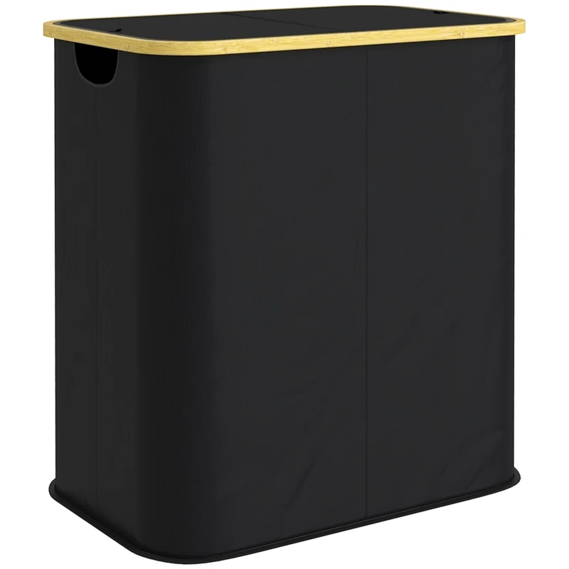 HOMCOM Cesto de Roupa Duplo Dobrável 80 L Cesto de Roupa Suja com Tampa Alças Ranhuradas Preto