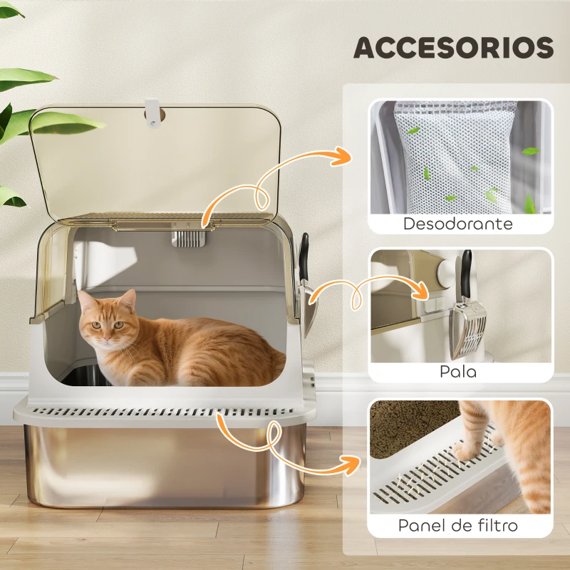 PawHut Arenero para Gatos de Acero Inoxidable XXL con Tapa Abatible Laterales Altos Entrada Superior Pala Gris