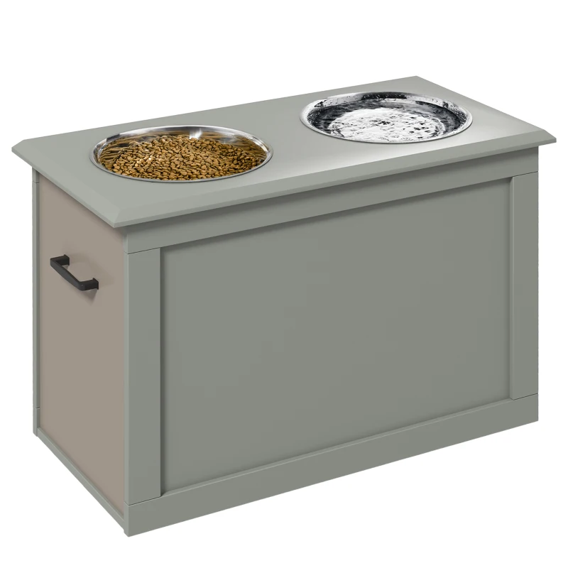 PawHut Boluri ridicate pentru câini bol dublu câine pisică Suport pentru boluri ridicat dim. 60L x 30W x 41H cm 2 boluri 2L mânere compartiment lemn gri