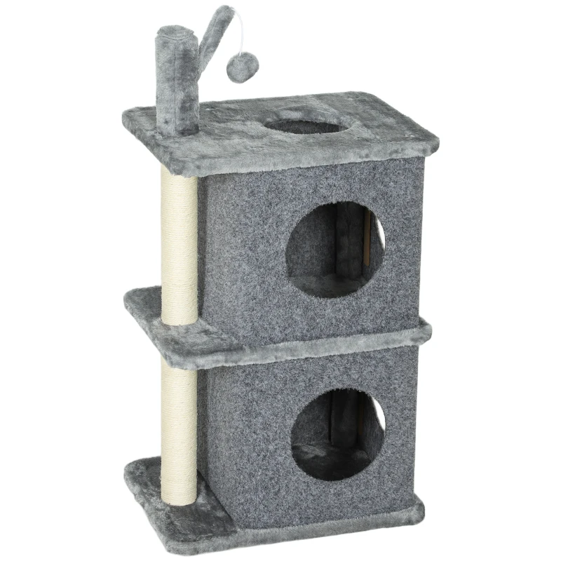 PawHut Árbol para gatos de 3 niveles torre para gatos 2 cuevas y superficie de descanso confortable, bola 43 x 33 x 80 cm gris oscuro