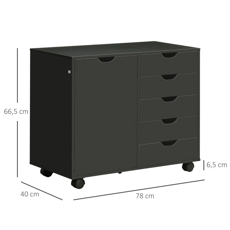 HOMCOM Móvel de Escritório com 5 Gavetas 1 Porta Prateleira Ajustável Suporte para Impressora em Rodízios 78x40x66,5 cm Preto