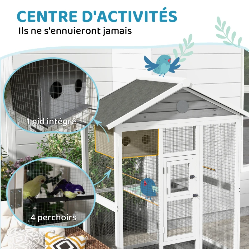 PawHut Grande cage oiseau volière à oiseaux intérieur exterieur, 4 perchoirs bac à litière coulissant 112 x 68 x 154 cm gris(m-6)