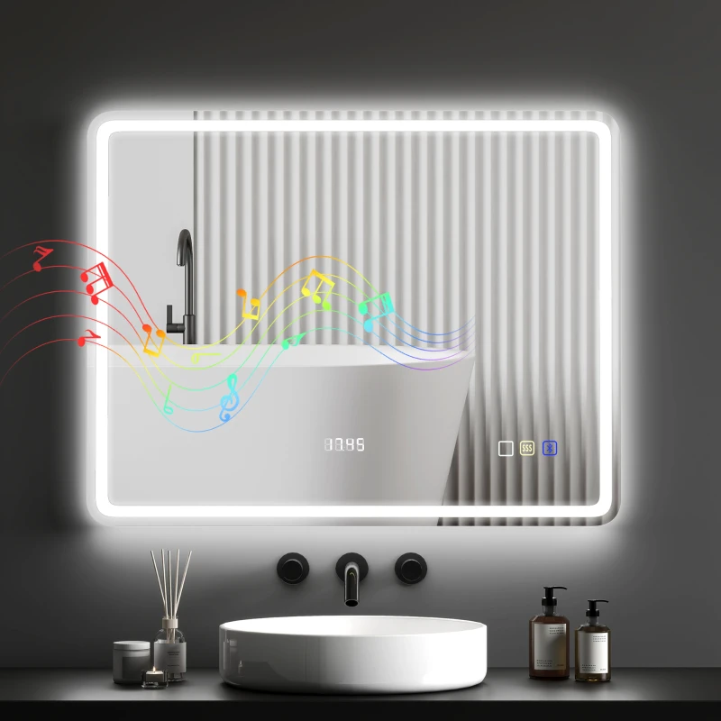 HOMCOM Oglindă de Baie cu Iluminare LED, Pad Anti-În Ceață, 3 culori reglabile, Ceas, 700 x 900 mm, Argintiu