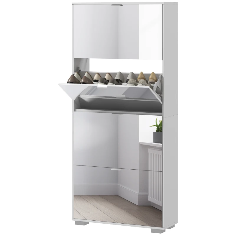 HOMCOM Móvel para Sapatos 2 em 1 Frentes Espelho 4 Portas Basculantes Prateleiras Ajustáveis Até 24 Pares 76x26x168 cm