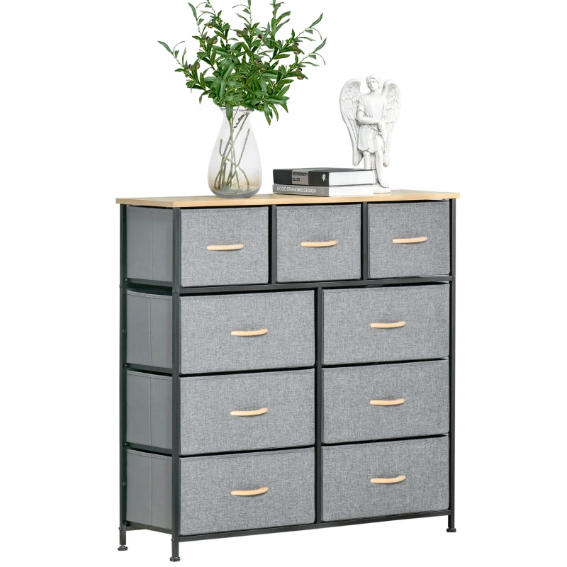 HOMCOM Comodă 9 sertare mobilier de depozitare sertar din material textil pliabil - structură oțel negru - 100 x 30 x 100 cm, stejar și gri