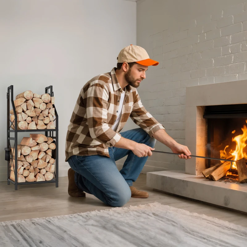 Outsunny Porte-bûches Métallique de Cheminée avec Support pour Leña de 2 Niveaux et 4 Outils Crochets 34x30x80 cm Noir