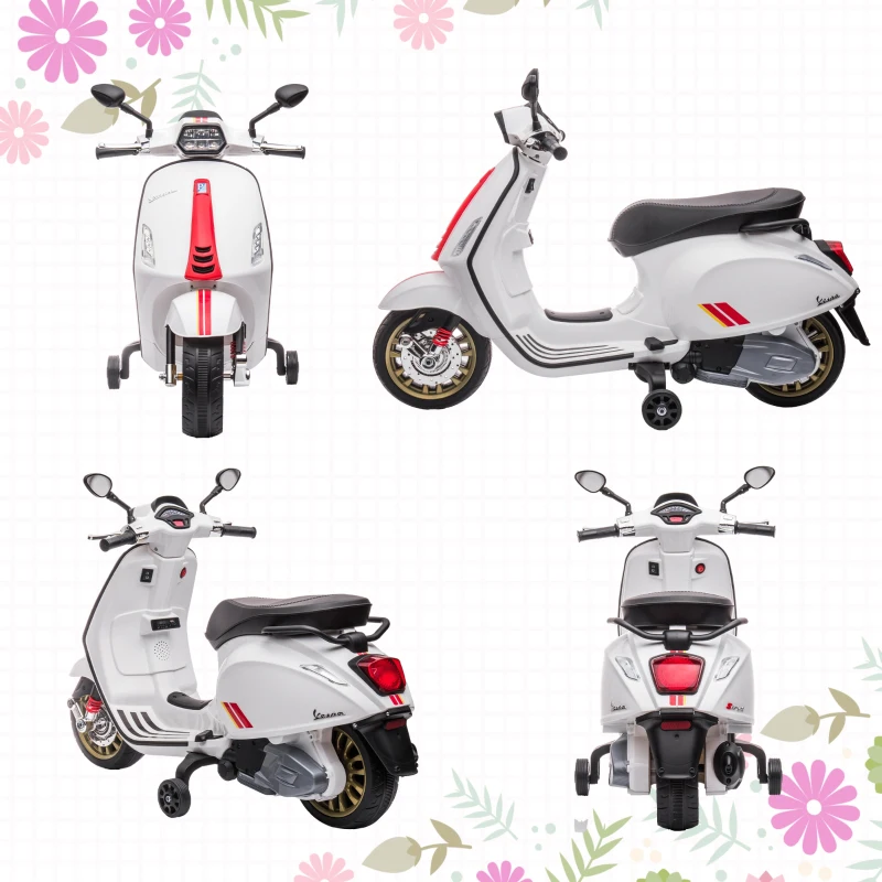 AIYAPLAY Motocicletă electrică pentru copii Vespa 6V dim. 107L x 47l x 73H cm Muzică MP3 Port USB Far 2 roți de antrenare - Alb
