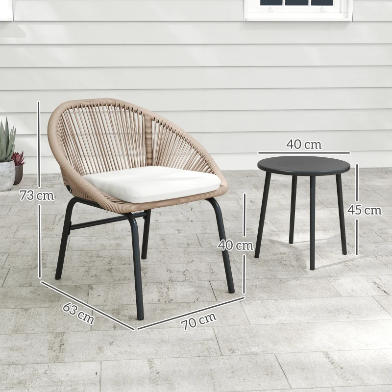 Outsunny Conjunto de Móveis de Jardim para 2 Pessoas com Almofadas de Assento Fofas com Corda de Resina Trançada e Aço Caqui