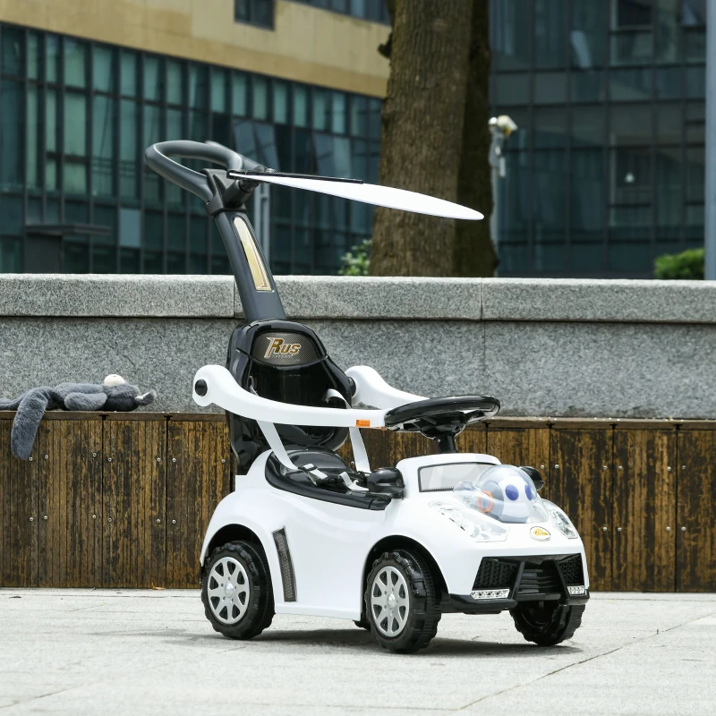 AIYAPLAY 2-in-1 Loopauto, Afneembaar Zonnedak, Lichtjes, Muziek, Toeter, Kunststof en Metaal, 96 x 39 x 90 cm, Wit/Zwart