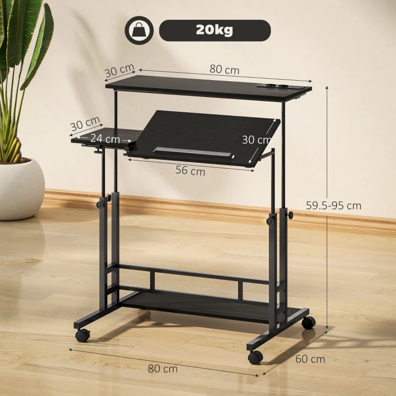 HOMCOM Scrivania con Altezza Regolabile, con Ruote, Prese e Porte USB, 80x60 cm, Nero
