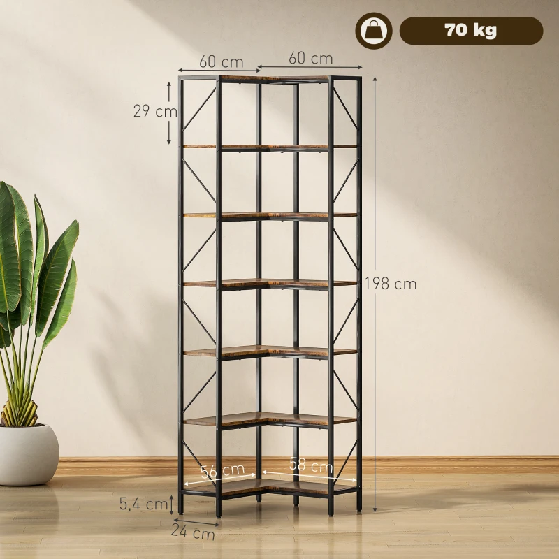 HOMCOM Estante de Canto de 7 Níveis Industrial com Prateleiras 60x60x198 cm Marrom Rústico