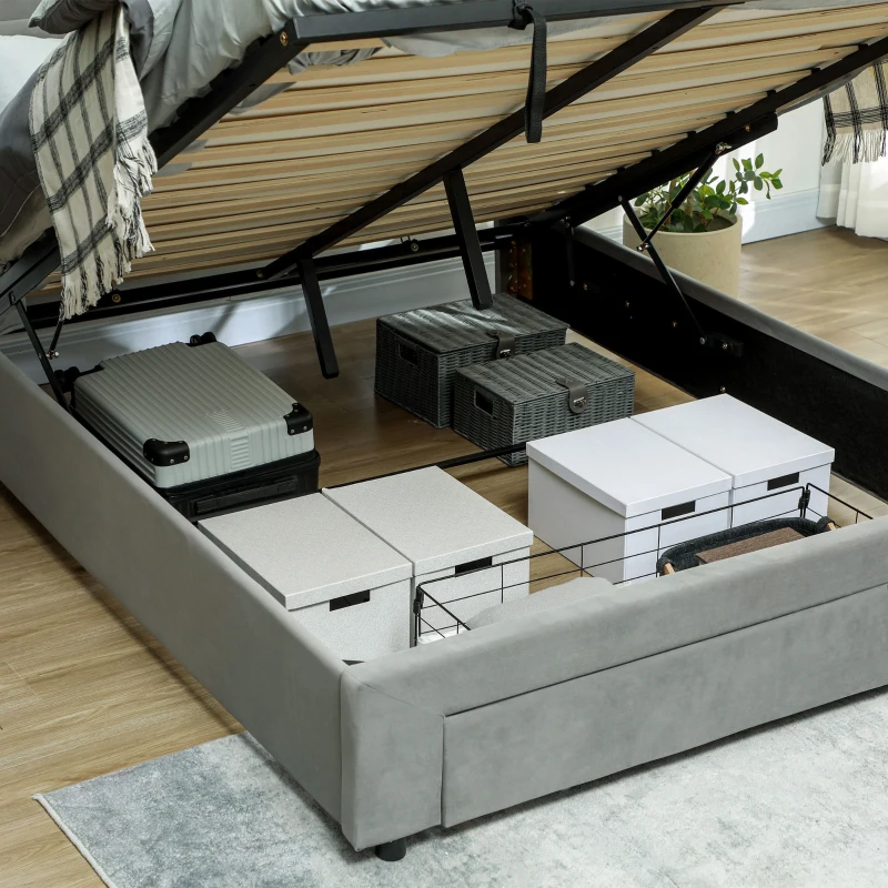 HOMCOM Cadru de pat dublu cu somier cutie cu pistoane, sertar pe roți, cap reglabil capitonat cu efect de catifea, gri