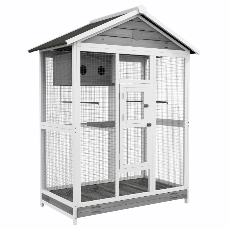 PawHut Grande cage oiseau volière à oiseaux intérieur exterieur, 4 perchoirs bac à litière coulissant 112 x 68 x 154 cm gris(m-11)