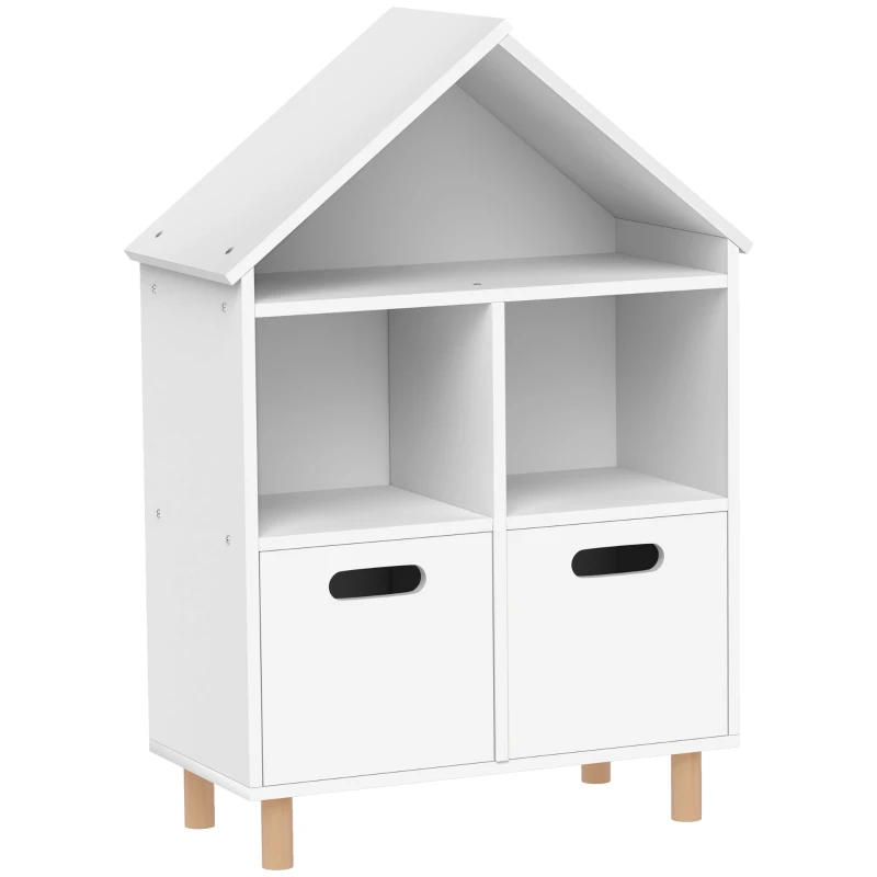 AIYAPLAY Bibliotecă pentru copii mobilier de depozitare pentru copii 3 nivele cu două sertare formă de casă 63,7 x 29,7 x 89 cm alb