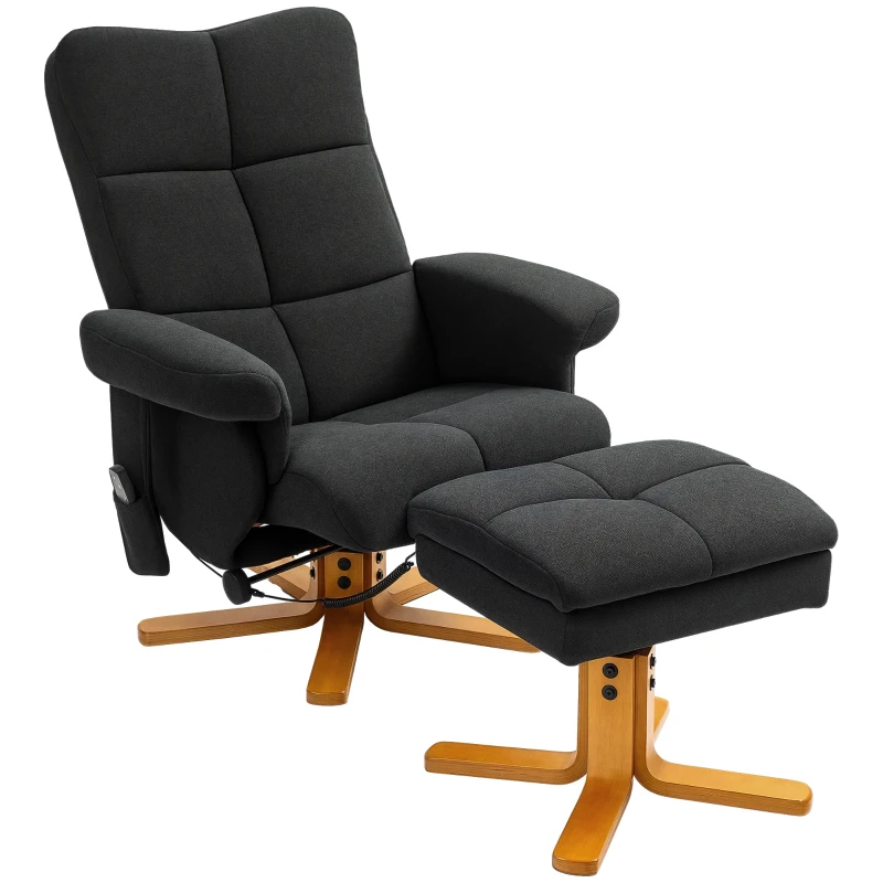 HOMCOM Fotoliu de Masaj cu Functie de Intindere si Taburet, Inclinare 145°, Poliester, 80 x 86 x 99 cm, Negru