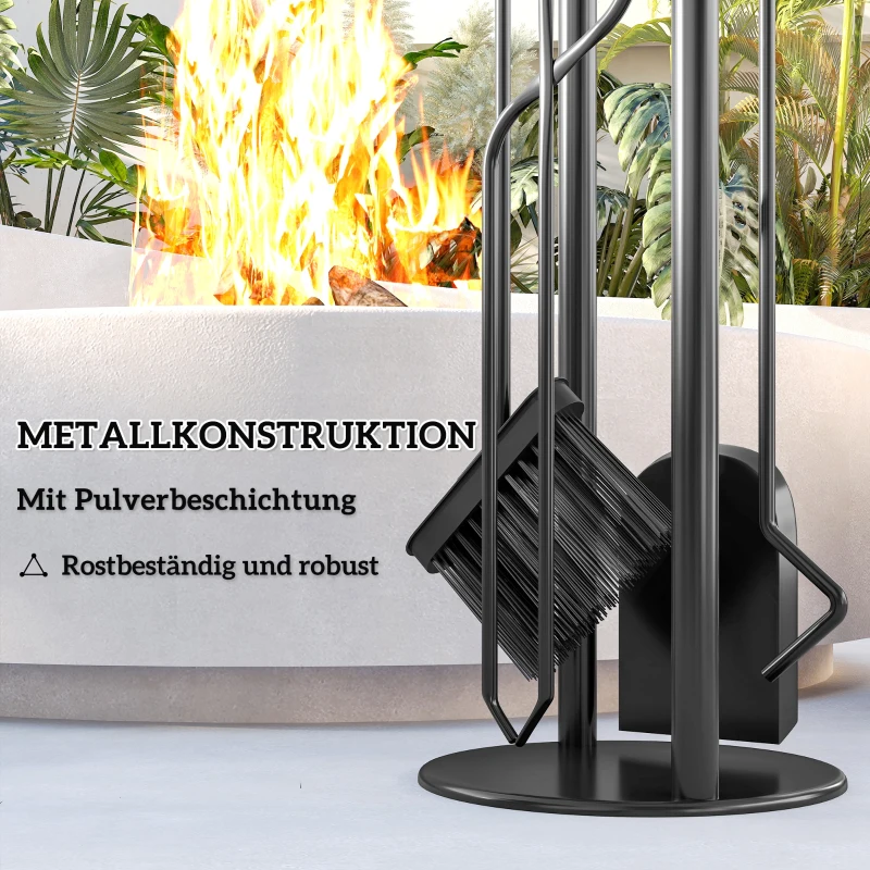 Outsunny Haardgereedschap 5-delig – bezem, schep, haak, tang & standaard, zwart