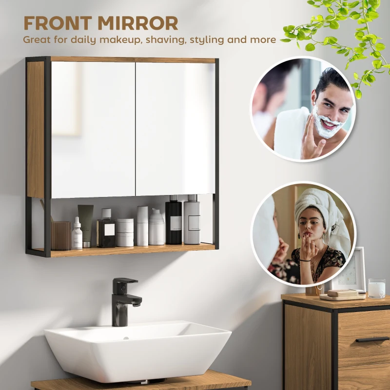 HOMCOM Bathroom Mirror Cabinet with Soft-Close Doors and Adjustable Shelf - Natural Wood Finish