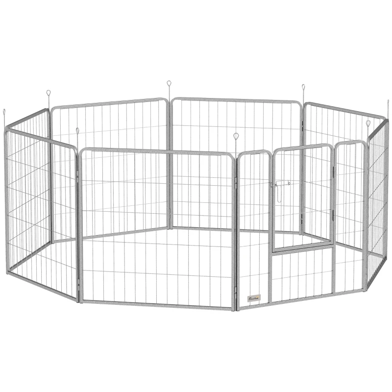 Pawhut Parque para Cães Cercado para Cães 8 Painéis Modulável Dobrável Aço com Porta para Filhote Interno Externo 80 cm Prata