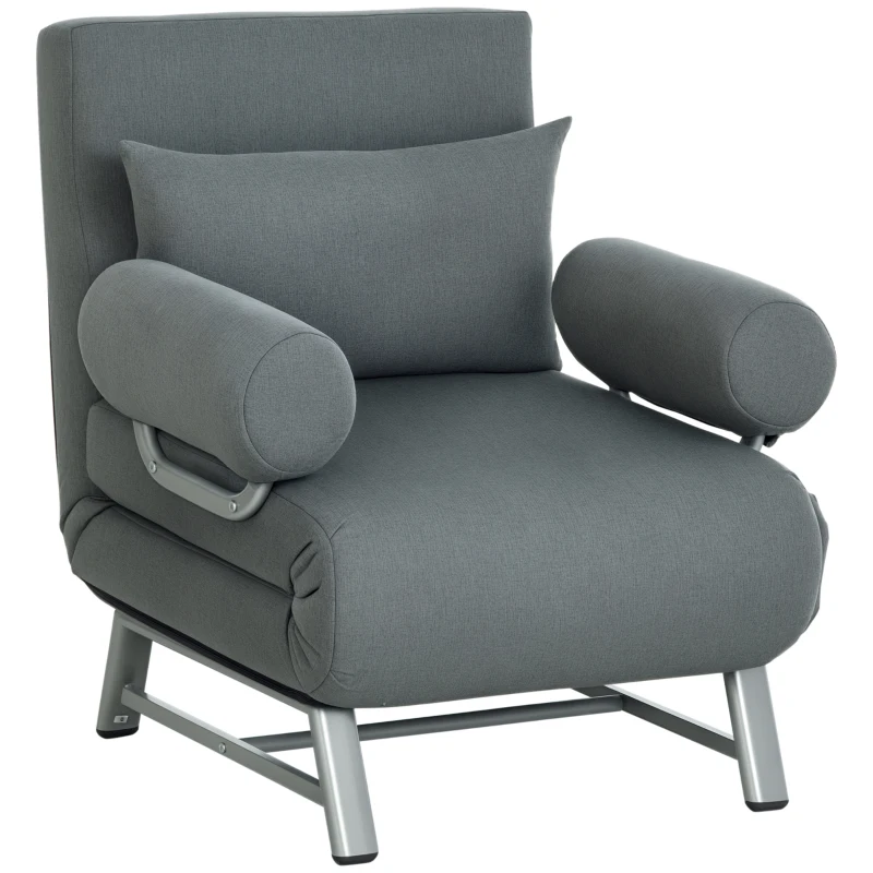 HOMCOM Sofá Cama Conversível Reclinável de 1 Lugar Grand Confort com Almofada Lombar Braços e Pés em Metal Linho Cinza Escuro