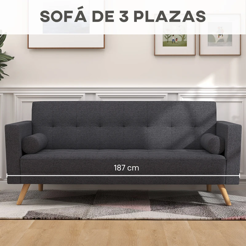 HOMCOM Sofá Cama de 3 Plazas Reclinable Sofá Convertible en Cama con Reposabrazos Tapicería en Tela 187x90x86,5 cm Gris