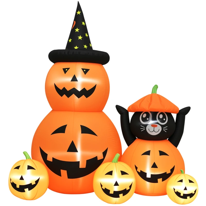 Outsunny Citrouille Gonflable d'Halloween avec Chat de 6 Pieds avec Lumières LED IP44 et Gonfleur pour Fêtes 160x100x180 cm Orange