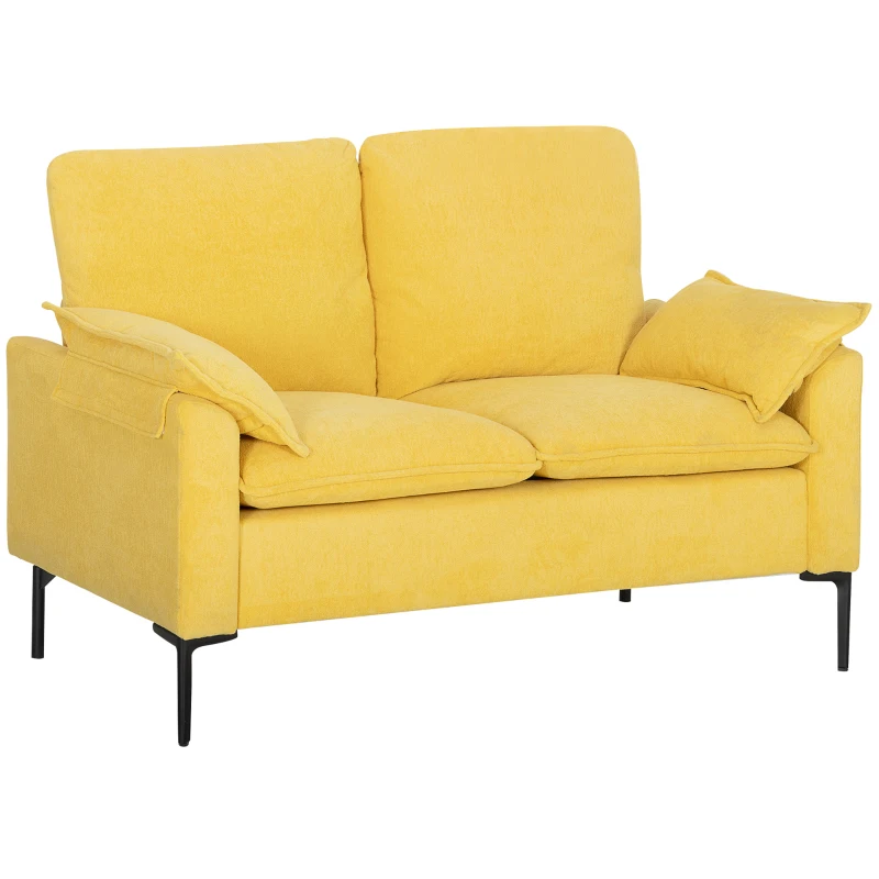 HOMCOM Canapé 2 Places Moderne avec Coussins et Revêtement en Tissu Éponge, 130x77x84 cm, Jaune