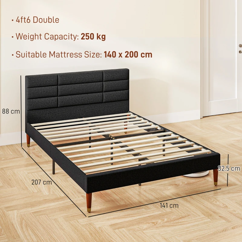 HOMCOM Cadru de pat dublu pentru 2 persoane cu somier cu lamele și cap de pat tapitat compatibil cu salteaua 140 x 200 cm, negru