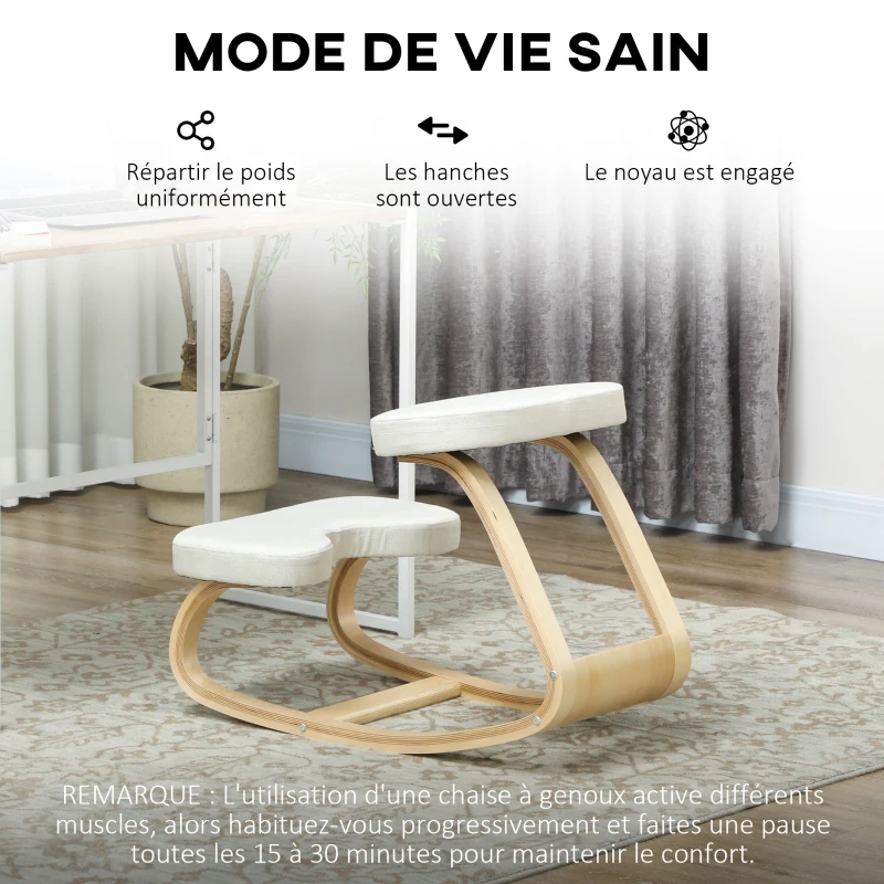HOMCOM Siège assis genoux, siège ergonomique en bois à bascule, chaise à genoux pour bureau à domiciles, crème