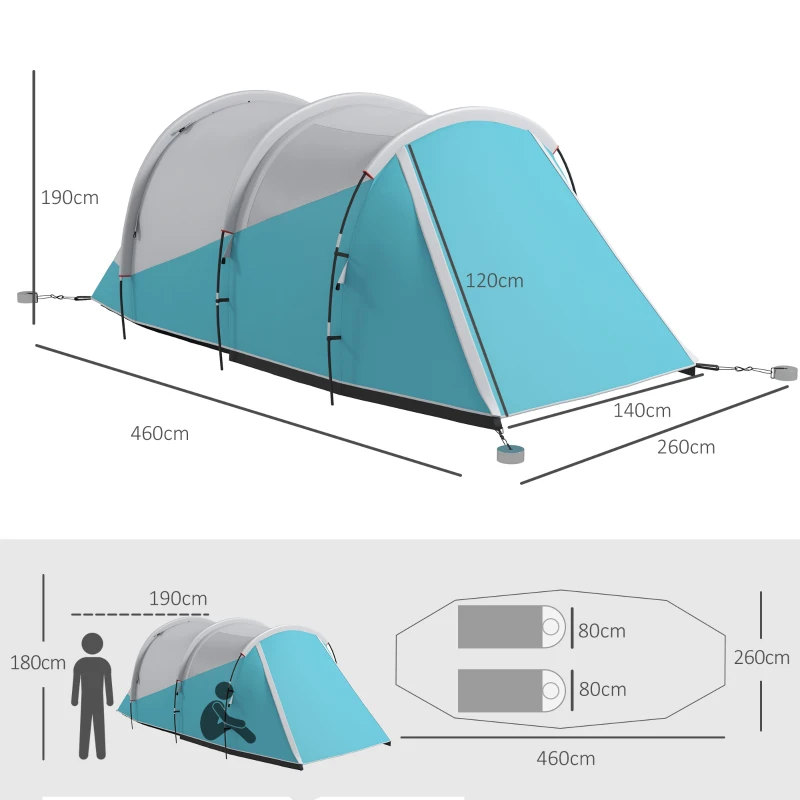 Outsunny Tenda de Campismo Familiar 4-5 Pessoas Tenda Túnel Impermeável 2 Portas Janelas Ventilada 4,6x2,6x1,9 M Azul