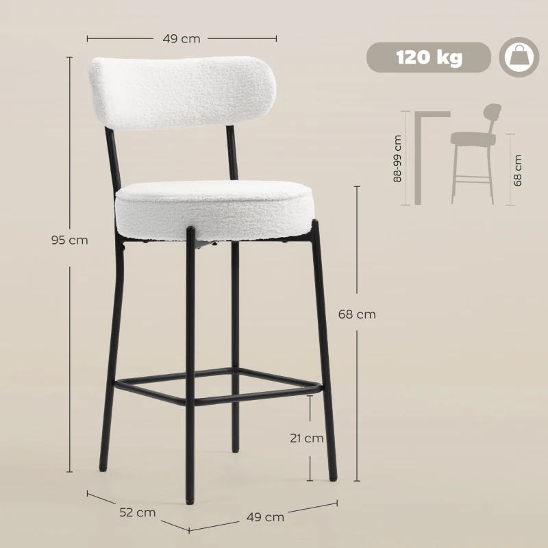 HOMCOM Set aus 2 Barhockern aus Bouclé-Stoff, Barhocker mit gebogener Rückenlehne, Fußstütze, 49x52x95cm, Creme