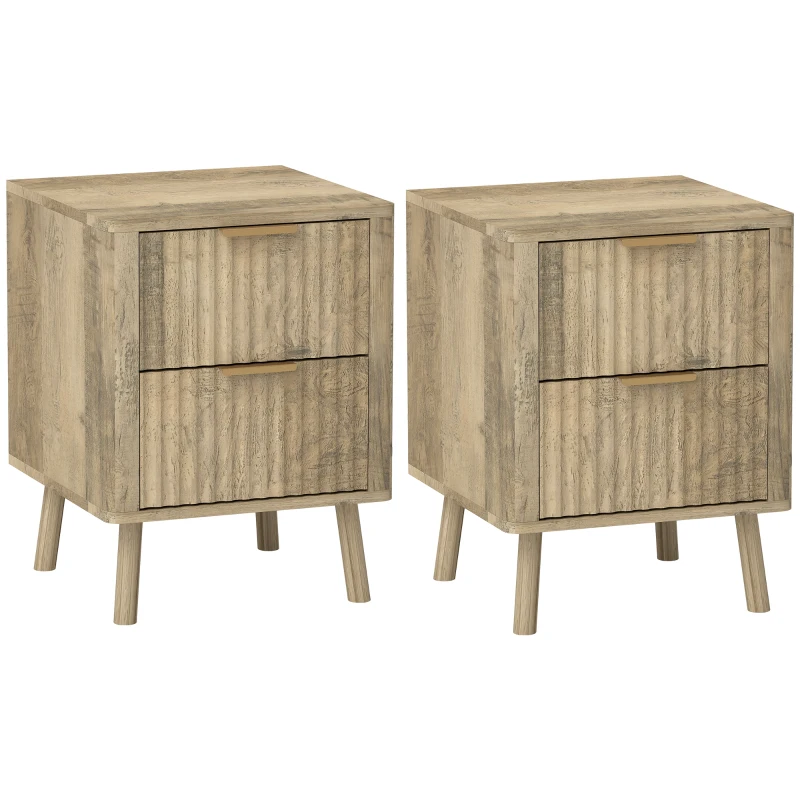 HOMCOM Lot de 2 noptiere cu 2 sertare canelate pentru cameră de dormit, sufragerie, 40 x 40 x 53 cm, stejar